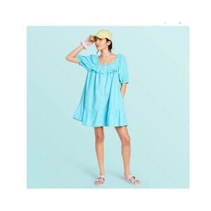 Stoney Clover Lane x Target Puff Sleeve Ruffle Dress in Mermaid Aqua Blue